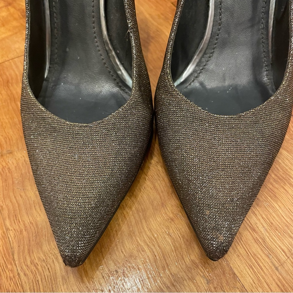 Stuart Weitzman Gold Sparkly Point Toe Heels - image 3